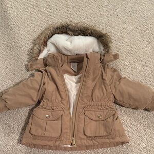 Toddler Tan Hooded Parka Jacket with Faux Fur Trim- H&M